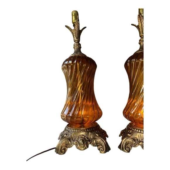 VTG Mid Century Falkenstein Amber Glass Regency brass large set of table lamps - Picture 4 of 16